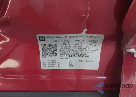 2020 Chevrolet Equinox Fwd Premier 1.5L Turbo из США, поврежденный, VIN 3GNAXNEV2LS596783